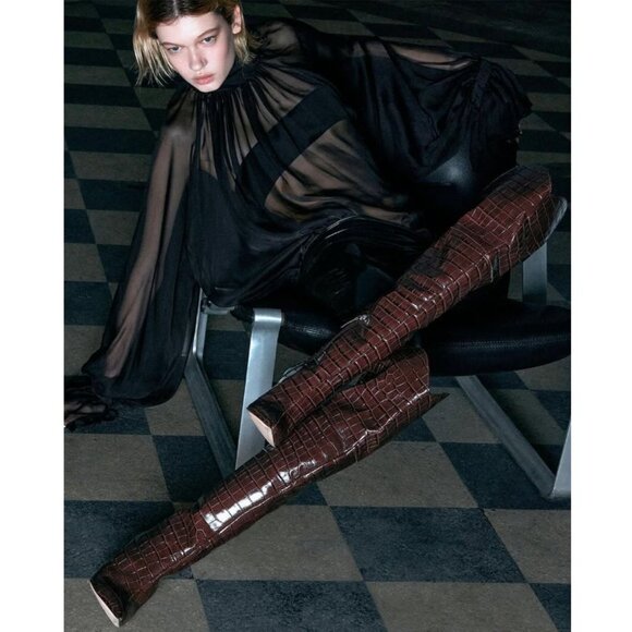 SCHUTZ Maryana Over The Knee OTK Boots Size 5 Chocolate Brown Croc Leather NEW - Picture 2 of 14